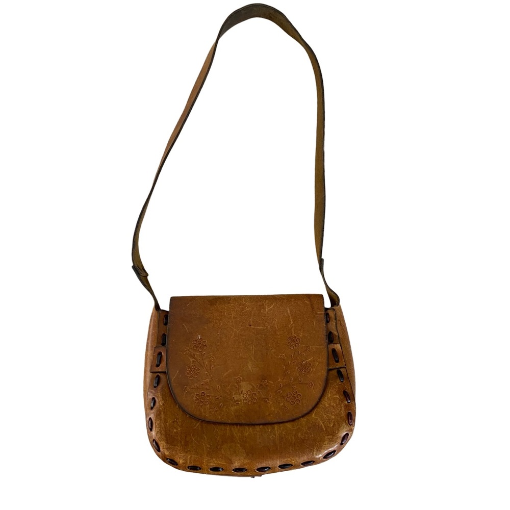 Vintage 70’s Hand Crafted Tooled Leather Bag With Flowers